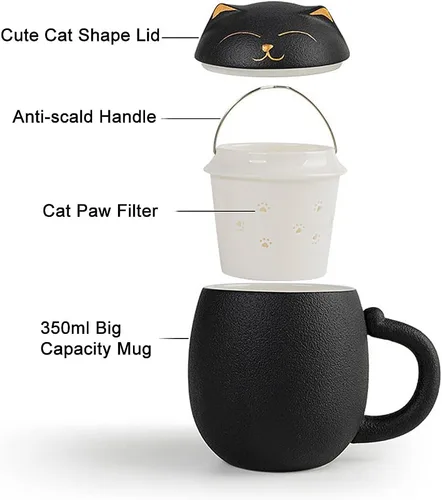 Vista 5 de Taza de té para gatos con infusor y tapa, bonitas tazas de cerámica para gatos para remojar hojas sueltas, tazas de té de 11.8 fl oz con funda