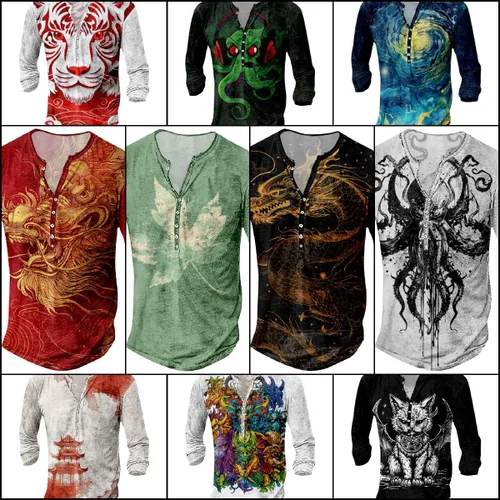 Vista 5 de MARSVOVO Camisetas gráficas para hombre, camisetas Henley con estampado de moda, holgadas, casuales, ligeras, para entrenamiento, suaves, vintage
