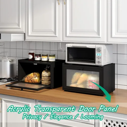 Vista 3 de kiplant Panera grande para encimera de cocina, contenedor de almacenamiento de pan de bambú negro con puerta transparente de arcílica ondulada, caja
