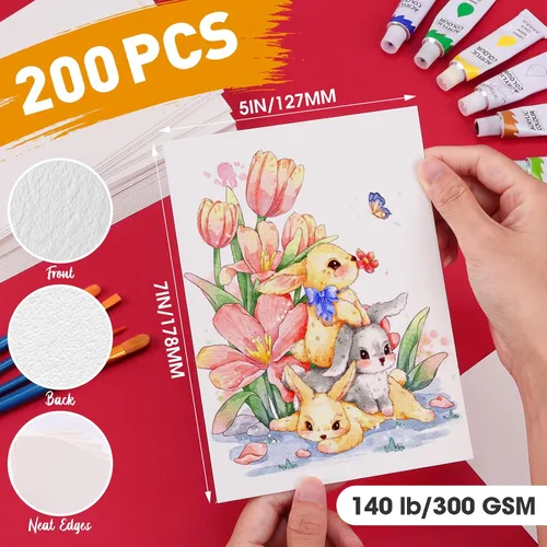 Vista 2 de 200 hojas de papel de acuarela de 5 x 7 pulgadas a granel, papel de color blanco de 140 libras/300 GSM para niños, adultos y artistas. Papeles