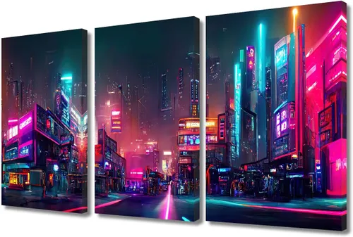 Vista 87 de Lienzo decorativo para pared de sala de estar, lienzo Cyberpunk, decoración de pared de 3 paneles, decoración de pared para el hogar, dormitorio