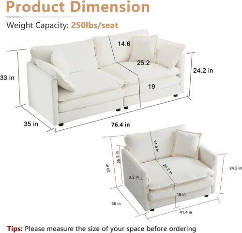 Vista 2 de mikibama Juego de sofá biplaza y sillón de lujo de 2 piezas, moderno juego de sofás nube tapizados de chenilla con 5 almohadas para sala de estar