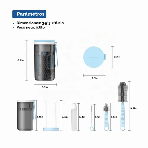Vista 4 de YOTIME Kit limpiador de botellas de viaje 6 en 1 con estante de secado de Azul