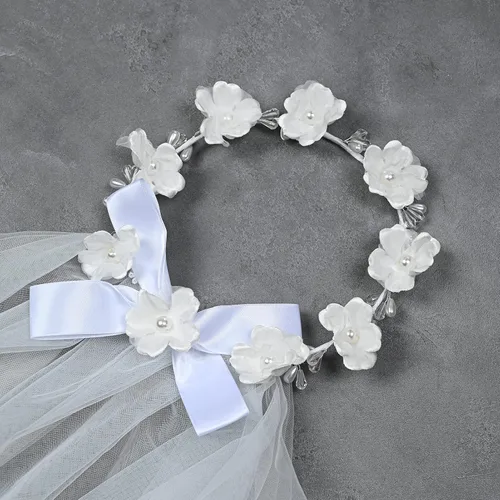 Vista 7 de Floral Fall Primera Comunión Flor Niñas Arco Velo de Boda Corona de Flores Blancas Perla Rhinestone Floral Corona