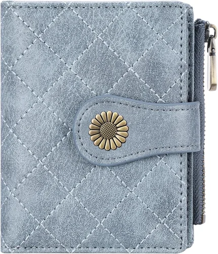 Vista 11 de FALAN MULE Billetera pequeña para mujer, plegable, con bloqueo RFID, portatarjetas de piel con bolsillo con cremallera para monedas Blanco/Marrón
