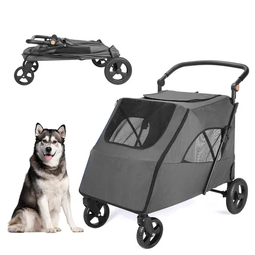 Vista 10 de Cochecito de viaje grande para perros con 4 ruedas resistentes, con mango ajustable, doble capacidad para perros con puerta delantera trasera