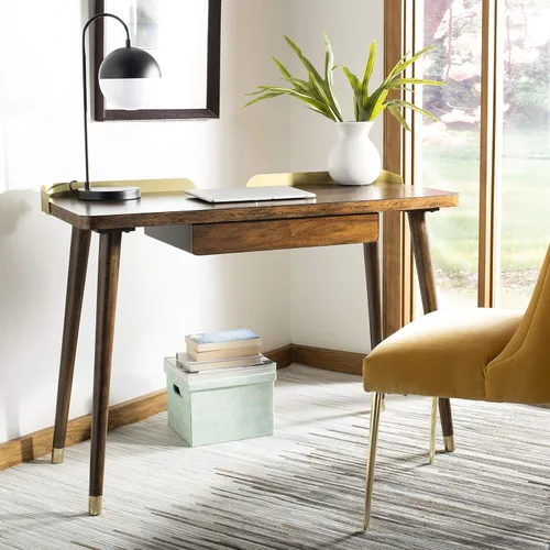 Vista 2 de Safavieh Escritorio moderno de 1 cajón en nogal y dorado Parker para oficina en casa Nogal / Oro