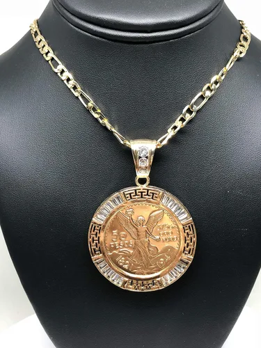 Vista 4 de Fran & Co. Moneda chapada en oro Centenario Mexicano Moneda 50 Pesos Cadena Colgante CZ Oro Cadena 26", Metal