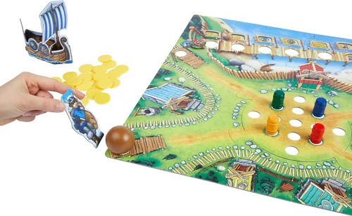 Vista 4 de HABA Valley of The Vikings: divertidos juegos de mesa para niños, juegos de aventura de bolos de barril llenos de acción para mayores de 6 años