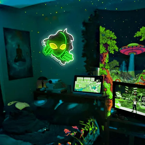 Vista 6 de Letrero de neón de extraterrestre, luces de neón LED verdes atenuables para decoración de pared, sala de juegos, bar, dormitorio, decoración