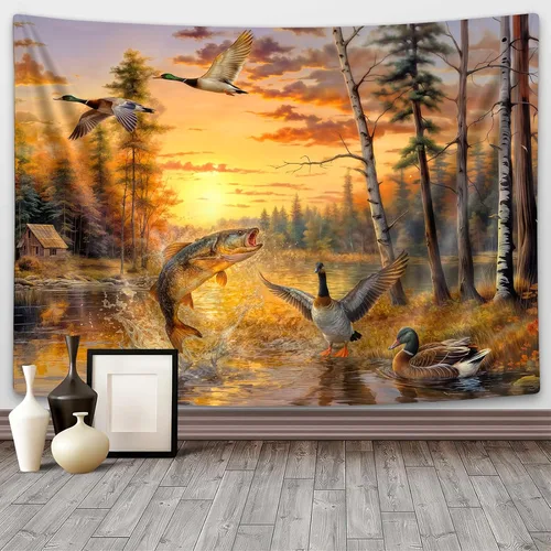 Vista 13 de DYNH Tapiz de pesca de oso negro, para colgar en la pared de cabaña de lago y puesta de sol, paisaje, naturaleza, bosque, tapiz para dormitorio