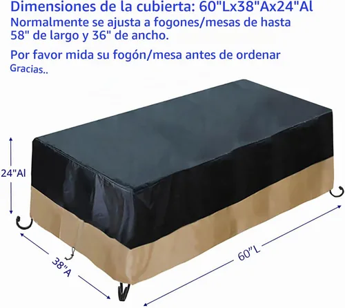 Vista 2 de Cubierta rectangular resistente al agua de 60 pulgadas para fogata de gas de patio al aire libre, 60 pulgadas de largo x 38 pulgadas de ancho x 24
