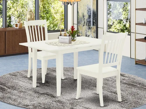 Vista 6 de East West Furniture NODA3-LWH-W - Juego de mesa de cocina de 3 piezas para espacios pequeños contiene una mesa de comedor rectangular con hoja