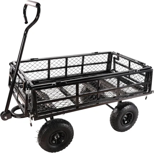 Vista 7 de Carro de jardín resistente con lados plegables, neumáticos neumáticos, mango ajustable (doble capa negra)