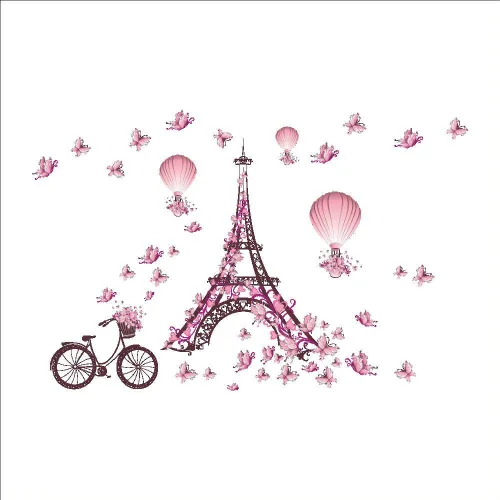 Vista 7 de Calcomanías de pared románticas para decoración de pared con diseño de mariposa y corazón y mariposas, diseño de torre de París, globo aerostático