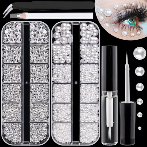 Vista 15 de Kit de diamantes de imitación y perlas con parte trasera plana, cristal redondo AB y gemas blancas transparentes+perlas blancas y beige