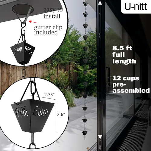 Vista 4 de U-nitt Cadena de lluvia colección de agua para canalones, atrapador de agua de lluvia y desviador, cadenas de 8.5 pies para jardín exterior, copas