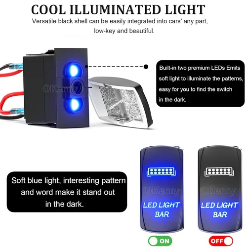 Vista 3 de Interruptor basculante con luz LED de barra, interruptor de palanca grabado con láser ENCENDIDO/APAGADO SPST de 5 pines 12V 24V cables de puente
