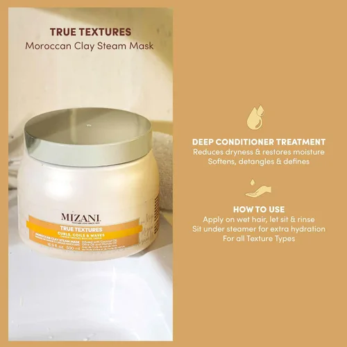 Vista 3 de Mizani True Textures - Máscara de vapor de arcilla marroquí Acondiciona y nutre profundamente, con aceite de coco, para cabello rizado, 16.9 onzas