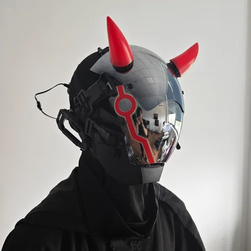 Vista 8 de KYEDAY Máscara punk para hombre, máscara de cuerno de buey LED, tecnología punk futurista, cosplay, Halloween, accesorios para fiestas y festivales