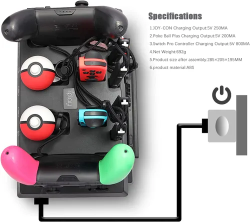 Vista 2 de Cargador para Nintendo Switch, cargador para controladores de interruptor, controladores Poke Ball Plus, soporte de almacenamiento