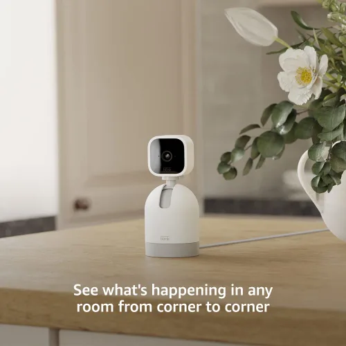 Vista 3 de Cámara Blink Mini con paneo e inclinación (modelo más reciente), Cámara de seguridad, enchufable y giratoria para interiores, audio bidireccional