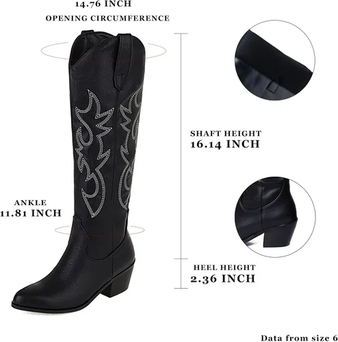 Vista 6 de MeiLuSi Botas vaqueras para mujer, hasta la rodilla, botas vaqueras con punta puntiaguda, tacón grueso, zapatos de gamuza con bordado