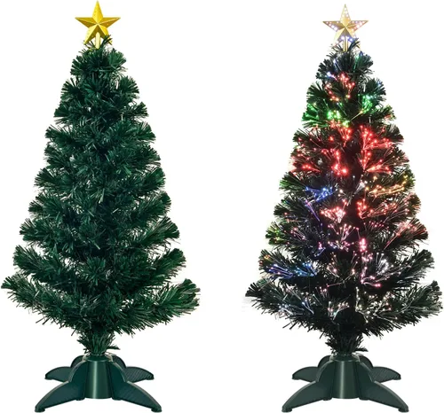 Vista 5 de Árbol de Navidad artificial de fibra óptica preiluminado de 3 pies con estrella superior, mini árbol de Navidad de mesa con iluminación multicolor