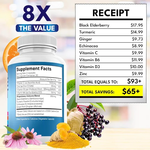 Vista 5 de Suplemento potenciador de apoyo inmunológico 8 en 1 con equinácea, vitamina C y zinc 50mg, vitamina D 5000 UI, cúrcuma curcumina y jengibre, B6