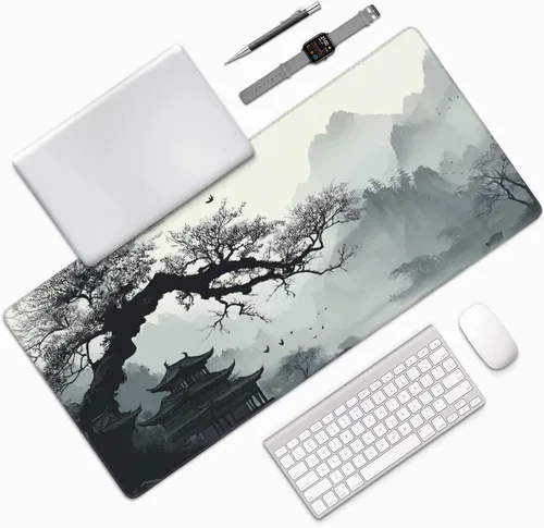 Vista 7 de Alfombrilla extendida para mouse, diseño de paisaje de pintura de tinta china, 35.4x15.7 pulgadas, tapete para teclado de juegos con bordes cosidos