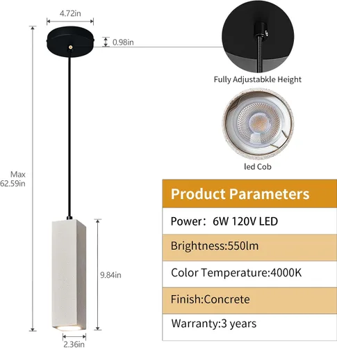 Vista 2 de Lámpara colgante lineal de hormigón, LED industrial colgante de cemento colgante para cocina, isla, comedor, dormitorio, mesita de noche, pequeñas