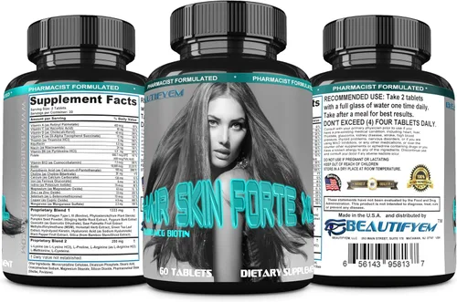 Vista 8 de Hair Skin Forte XL Complejo de crecimiento del cabello y la piel 10,000 mcg de biotina + péptidos de colágeno promueve un cabello más grueso, más