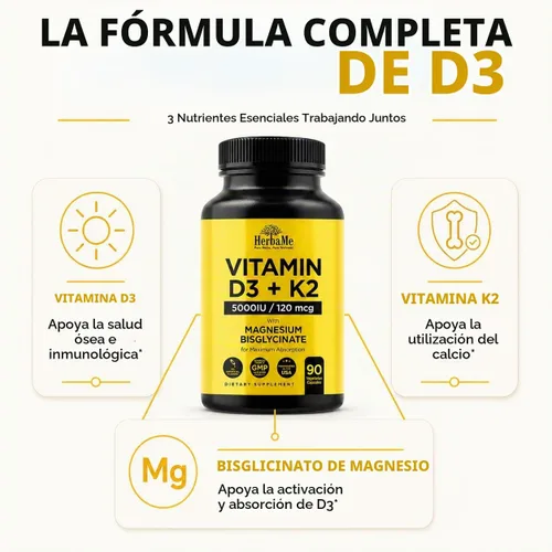 Vista 4 de HerbaMe Vitamina D3 5000 UI + K2 con fórmula de bisglicinato de magnesio