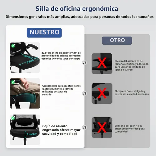 Vista 5 de Silla de oficina ergonómica con soporte lumbar ajustable Negro
