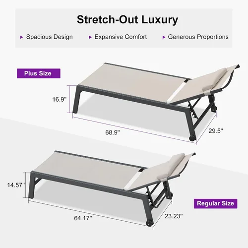 Vista 2 de PURPLE LEAF Juego de sillas de lounge al aire libre de gran tamaño de 3 piezas para patio, tumbona para piscina, estructura de aluminio con mesa