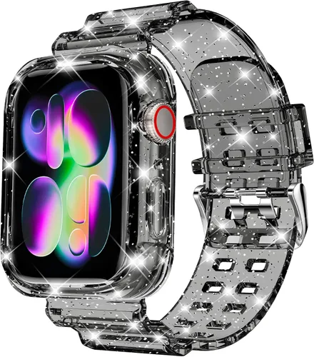 Vista 23 de DABAOZA - Correa transparente compatible con Apple Watch de 1.772 in y 1.732 in, con purpurina transparente Women Men,Glitter Bling TPU