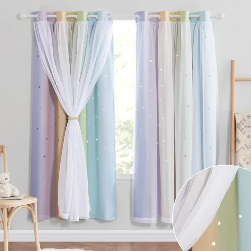 Vista 11 de NICETOWN Cortinas para dormitorio de niñas, cortinas de arco iris, cortinas de estrellas, cortinas de princesa, decoración de habitación