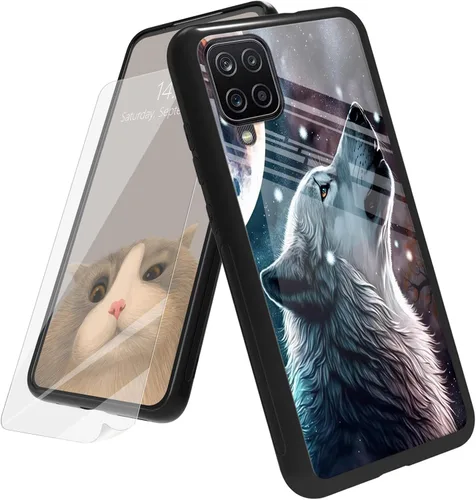 Vista 106 de Funda para Samsung Galaxy A12 5G con protector de pantalla, parte trasera de vidrio templado + TPU de silicona suave que absorbe los golpes