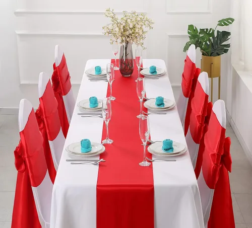 Vista 2 de Horbaunal - Juego de 12 caminos de mesa de satén rojos de 12 x 108 pulgadas, caminos de mesa suaves para bodas, banquetes y fiestas de cumpleaños