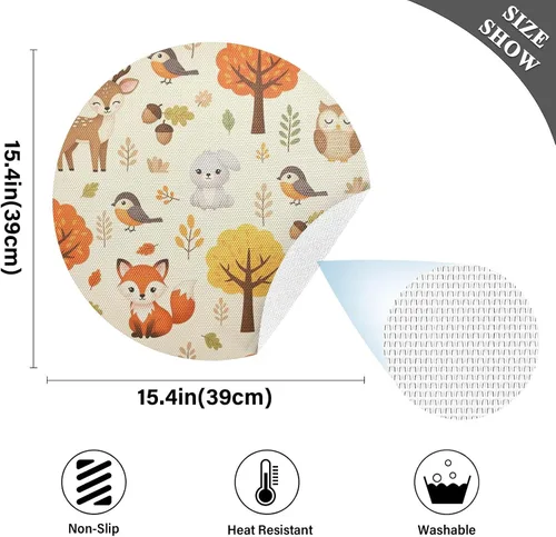 Vista 4 de Cute Woodland Animals Round Table Placemats, Non Slip Washable Placmats for Kitchen Table one sizex4