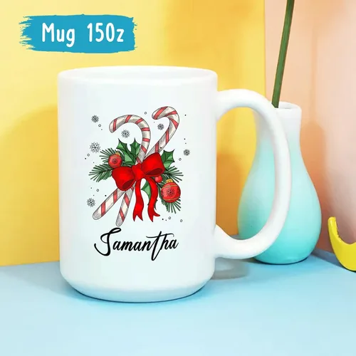 Vista 5 de Taza de café de Navidad personalizada con bastón de caramelo, divertida taza de cerámica de bastón de caramelo, regalos para familiares, amigos