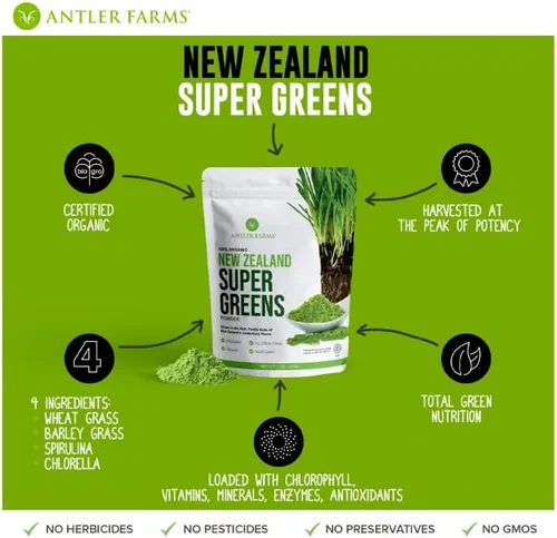 Vista 5 de Antler Farms - Polvo 100% puro orgánico de Nueva Zelanda Super Greens, 40 porciones, 7.05 oz - Hierba de trigo, cebada, clorella, espirulina