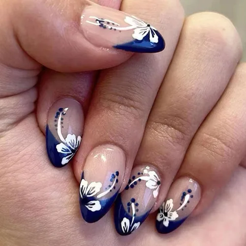 Vista 28 de Uñas postizas a presión con punta francesa, uñas postizas medianas con flores 3D, concha de perla, diseño de estrellas de mar, uñas blancas a