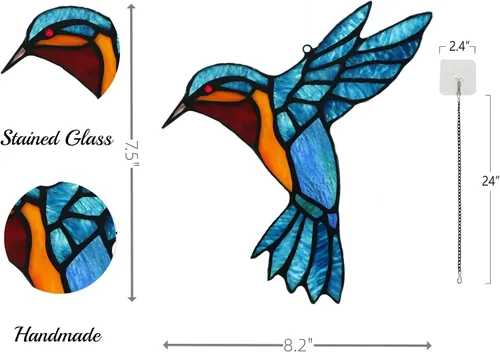 Vista 3 de Atrapasoles de colibrí de vidrieras, adorno único hecho a mano para colgar en la ventana, perfecto para inauguración de la casa, cumpleaños, Navidad