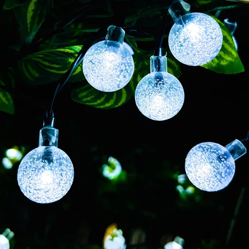 Vista 7 de Cadena de luces solares para exteriores resistentes al agua, 36 pies, 60 LEDs, 8 modos, luces solares de hadas con forma de globo de cristal