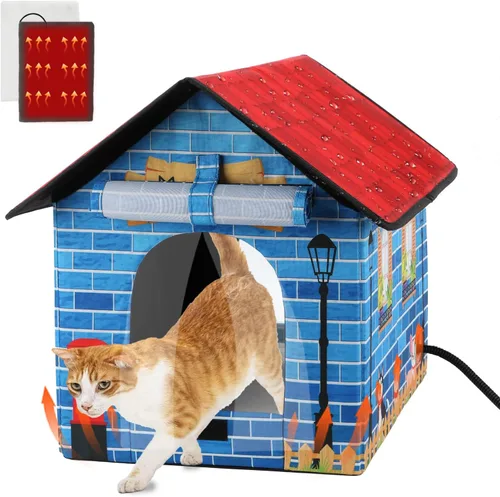 Vista 9 de FHTONGE Casa elevada para gatos con calefacción para gatos al aire libre en invierno, resistente a la intemperie, refugio para gatos con 2