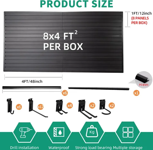 Vista 2 de Panel Slatwall para Garaje - Sistemas de Almacenamiento de Pared Ranurada con 26 Accesorios Slatwall, Paneles de Pared Ranurada de PVC Negro