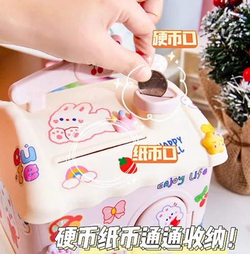 Vista 2 de Alcancía Kawaii con calcomanías y parches, banco de dinero Kawaii para papel y monedas, bonita caja de almacenamiento de artículos para la escuela
