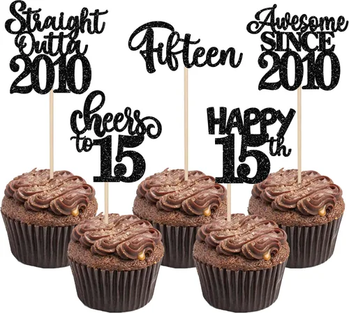 Vista 14 de Paquete de 30 adornos para cupcakes de 10º cumpleaños con purpurina recta hacia fuera de 2016, Happy 10th Ten Awesome Since 2016, 10 fabulosas Negro