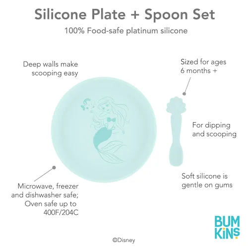 Vista 7 de Bumkins Disney - Juego de platos y cucharas para bebés y niños pequeños, plato de silicona para bebés y niños, destete LED, suministros